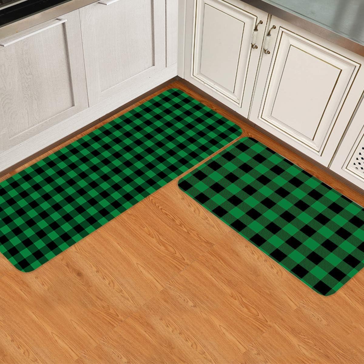 Kitchen Mats Set of 2 Dark Green Black Buffalo Check Plaid