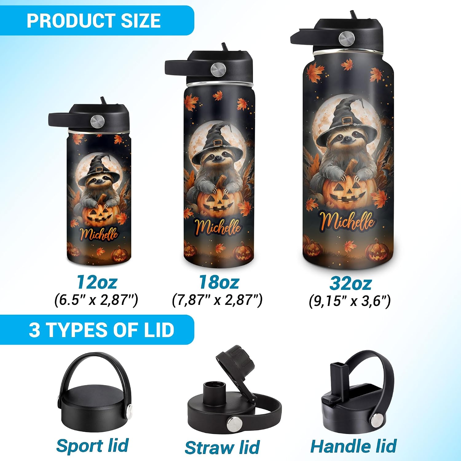 Hyturtle Personalized Halloween Sloth Water Bottle – Custom Name Sloth Insulated Stainless Steel Bottle with Leak-Proof Lid 18 oz 32 oz – Spooky Water Bottle for Women