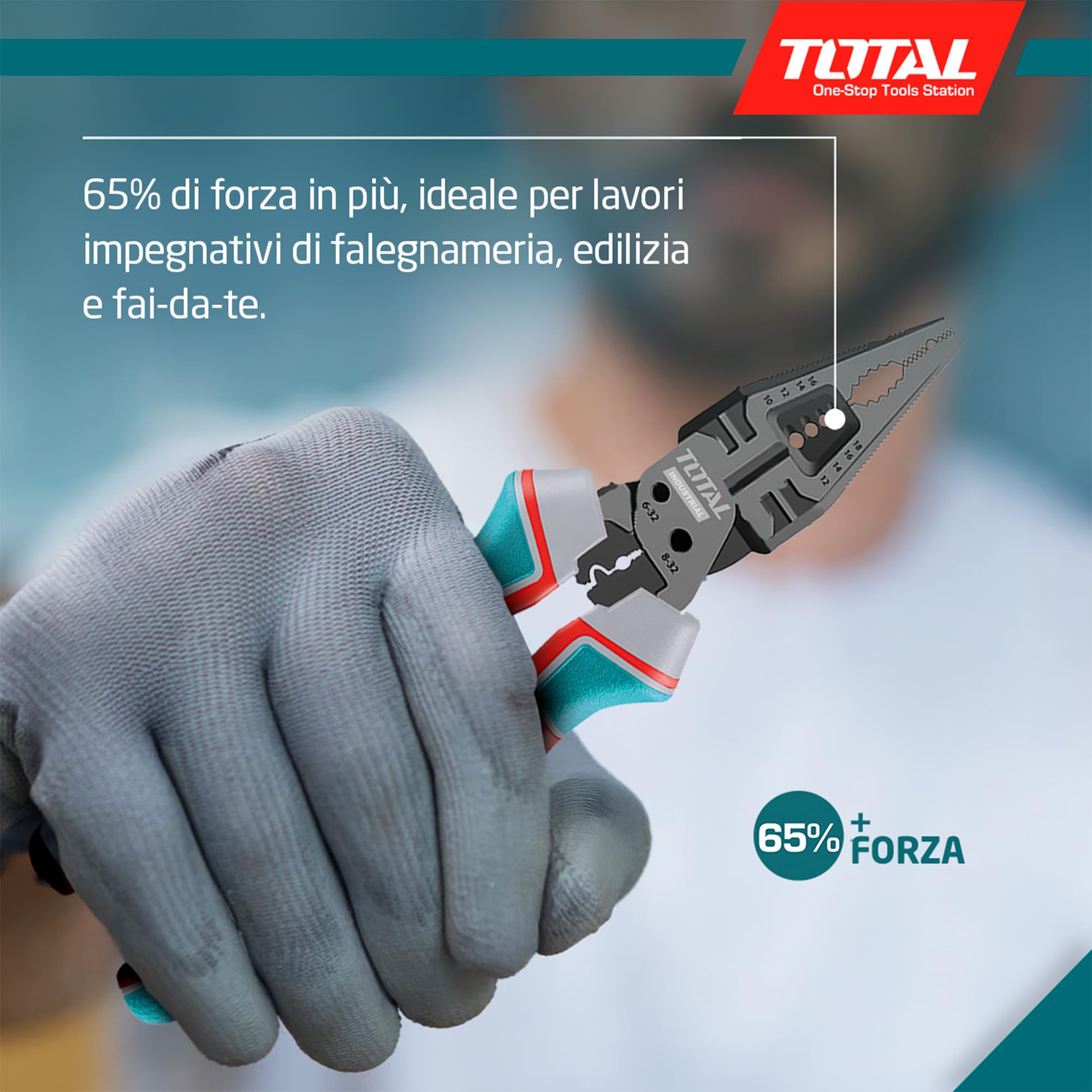 TOTAL - Pinza Multifunzionale 8 in 1 – 200 mm - Funzioni di Taglio, Sgrossatura, Fissaggio Chiodi - Acciaio Cr-V con Teflon - Manico Ergonomico Trimateriale - Forza Rinforzata