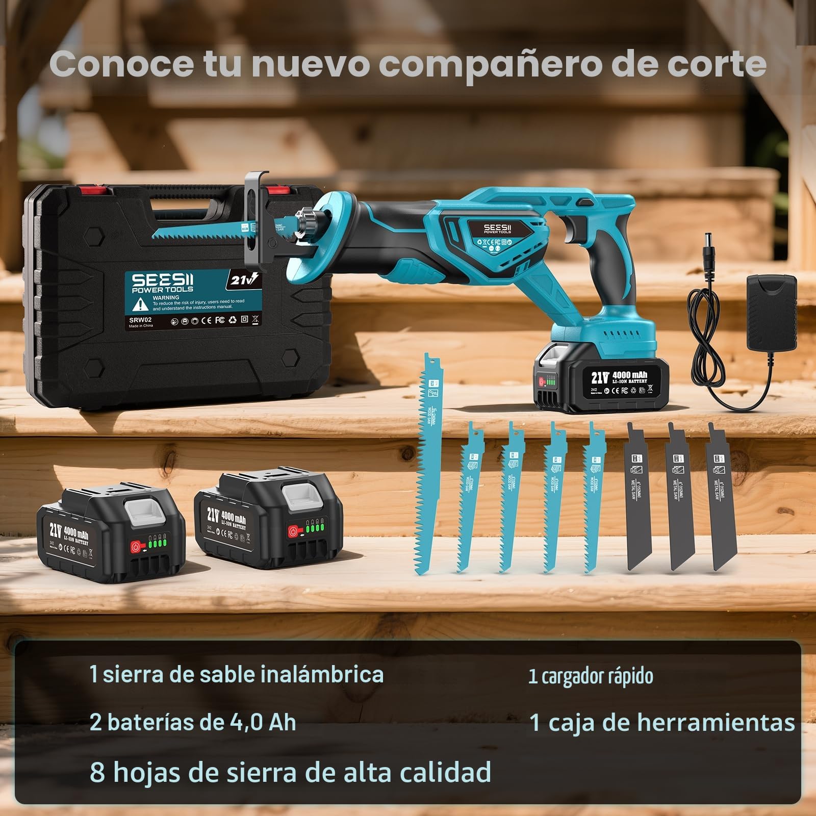 SEESII Sierra Sable, Sierra Alternativa de 2 Baterías 21V 4.0Ah, motor sin escobillas 3300 RPM, 8 cuchillas Para madera, metal, PVC, Obra y Jardín