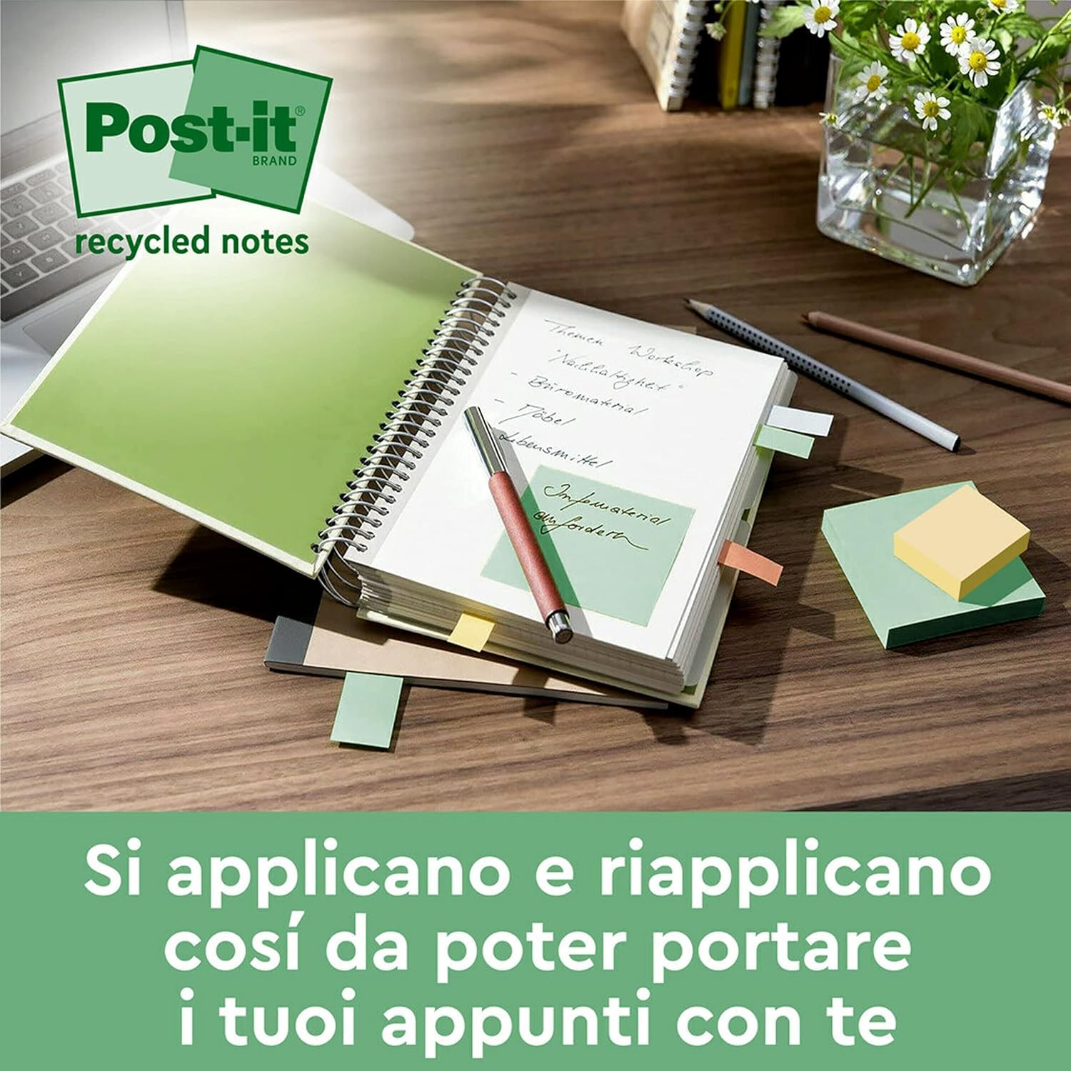 Post-it Foglietti Super Sticky Riciclati, Confezione da 12 Blocchetti, 70 Fogli per Blocchetto, 47.6 mm x 47.6 mm, Rosa, Verde, Blu, Viola, Giallo - Foglietti Super Adesivi in carta riciclata al 100%