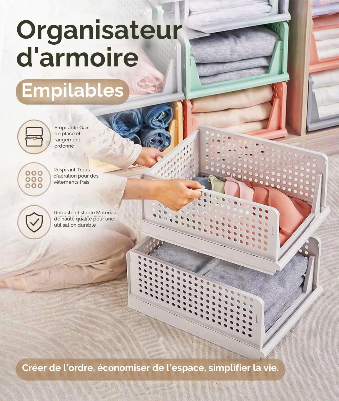 RMAN 4 pcs Organisateur Armoire Vetement Plastique Boite Rangement Vetement | Pliable, Empilable, Organisateur Tiroir Coulissant, Penderie, Dressing, Chambre, Blanc