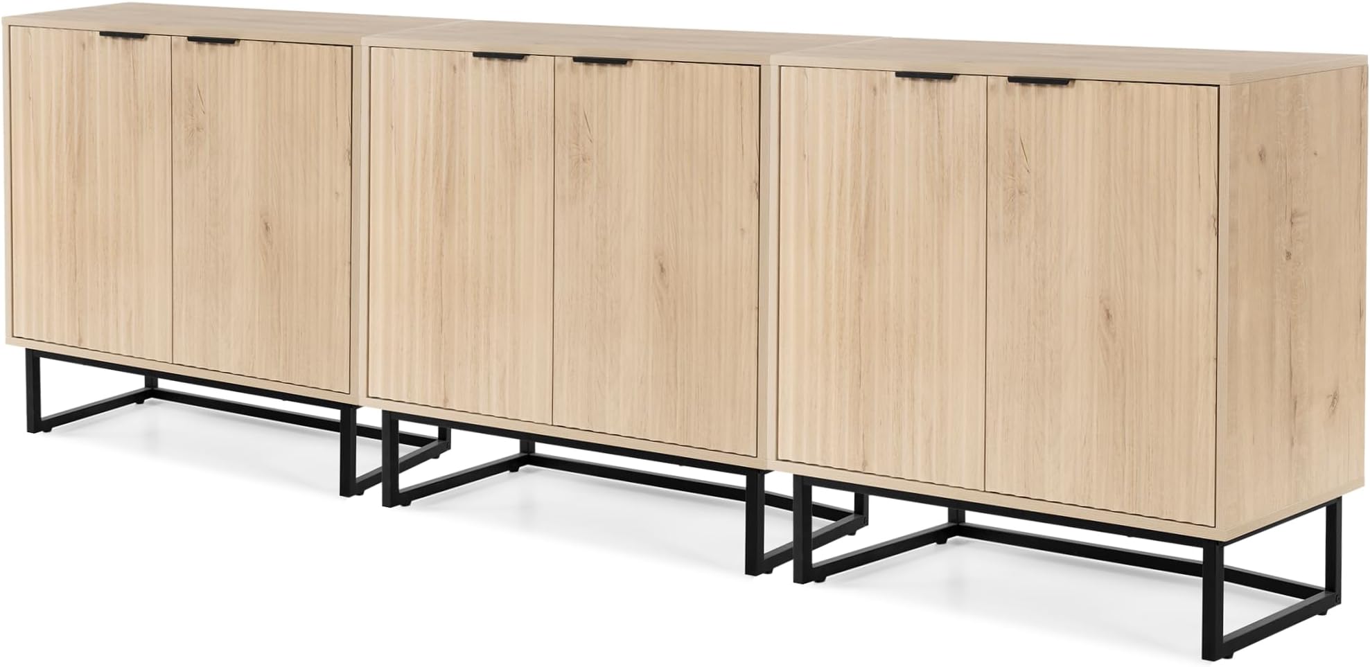 Fluted Storage Cabinet Set of 3, Sideboard Buffet Cabinet Modern Accent Cabinets with Adjustable Shelves, Credenza, Console Table Entryway Cabinets for Living Room, Light Oak