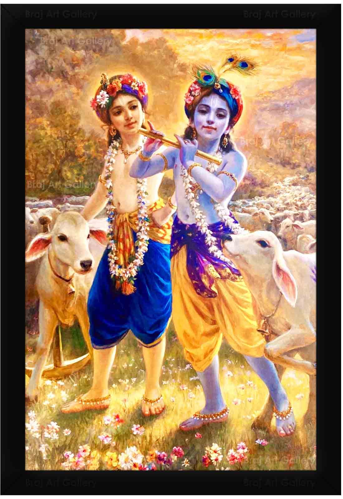 Krishna and Balarama with Cows Painting Photo Frame Size 13.5X19.5 Inches