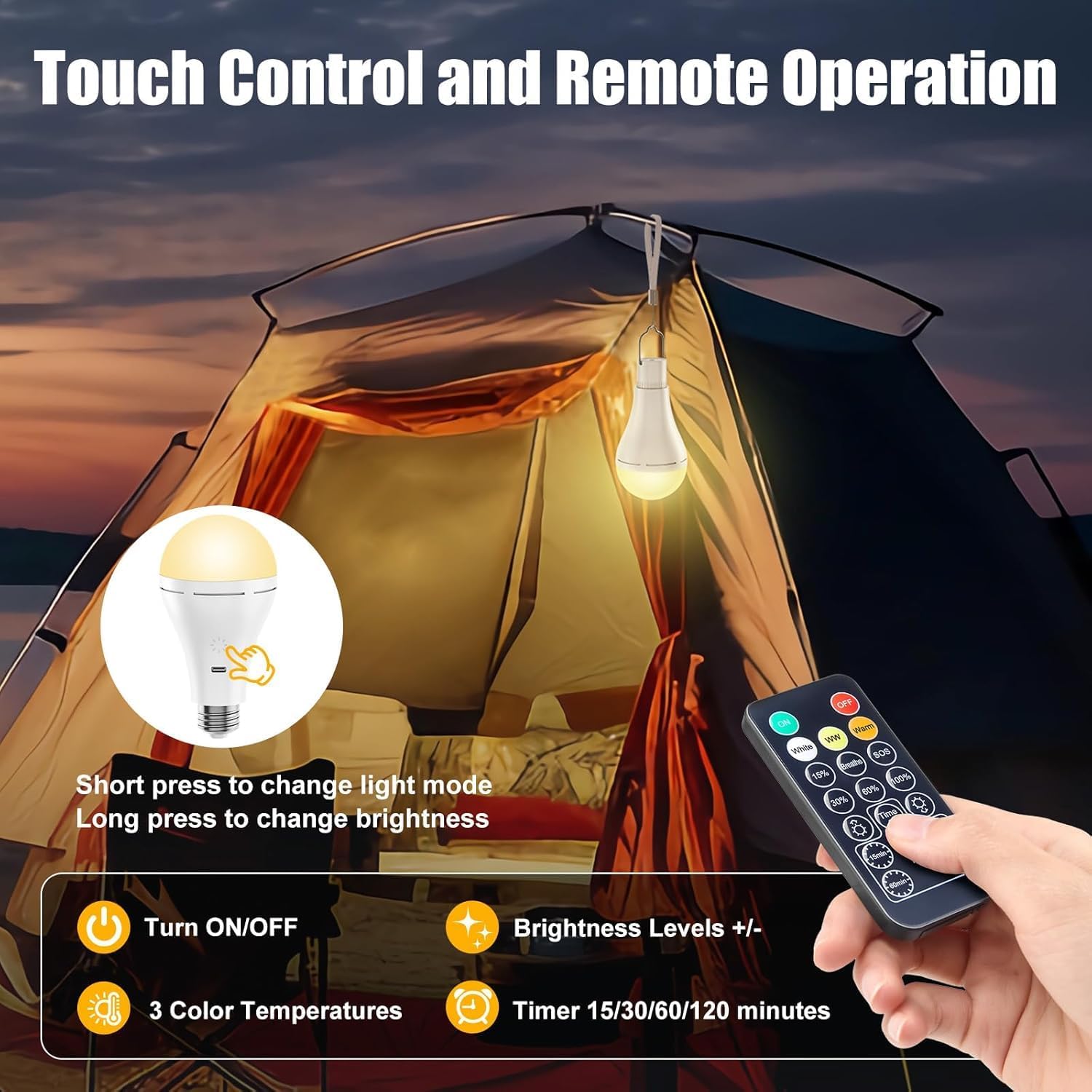 Brightown USB Rechargeable Light Bulb with Remote and Timer, Battery Emergency Light Bulbs for Home Power Outage, Hanging LED Light Bulb with Hook for Outdoor Camping Tent, 700LM, 6000K, 2 Pack