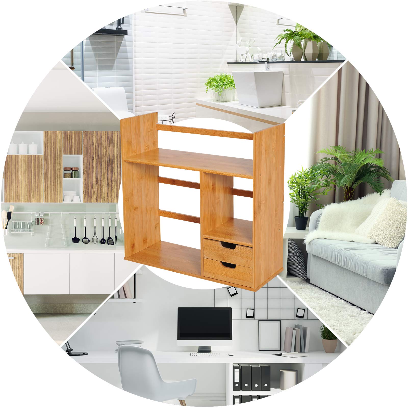 HOMCOM Organiseur de bureau avec tiroirs Bibliothèque multifonctionnel Étagère de Rangement pour Maison École Bureau en Bambou Naturel
