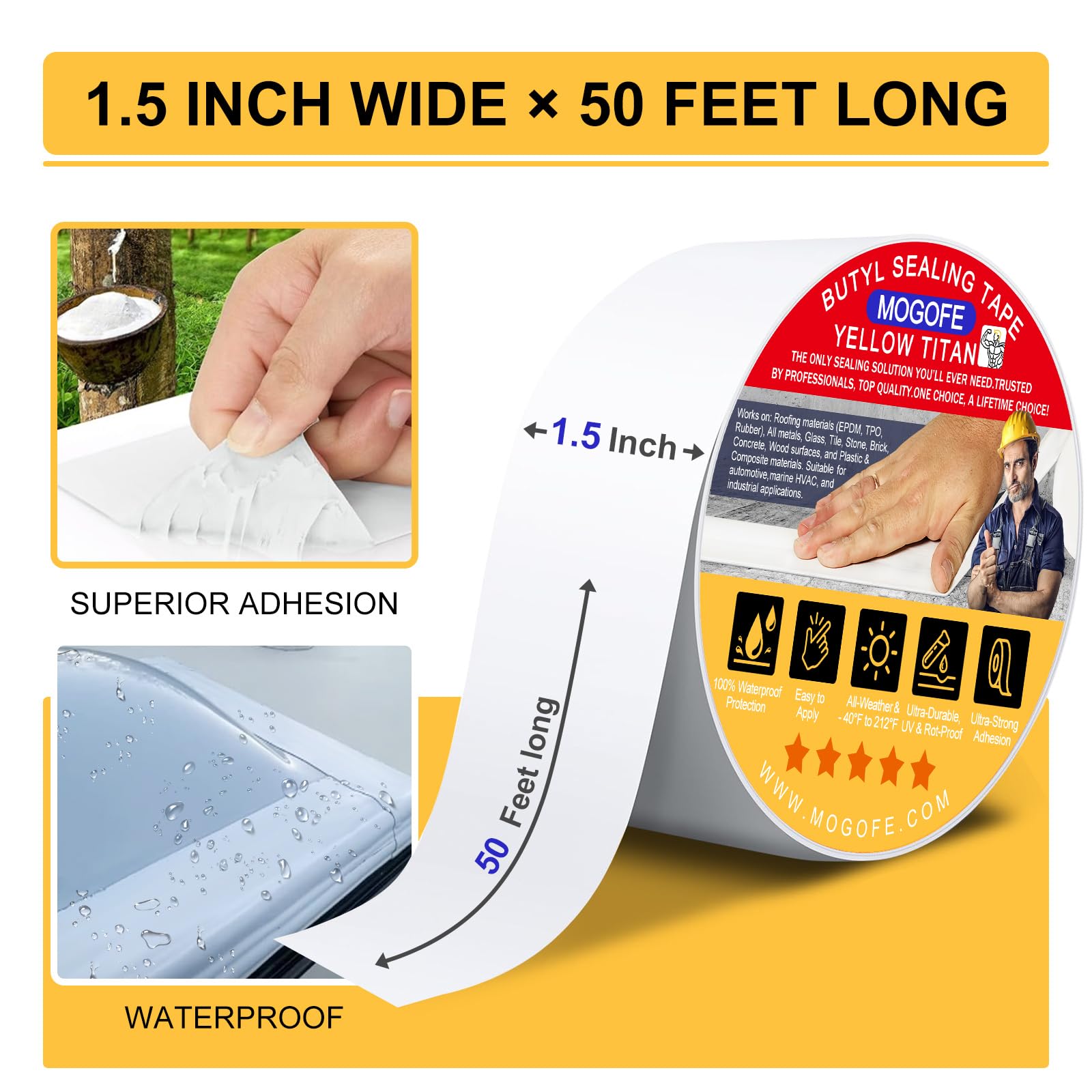 RV Roof Sealant Tape White, MOGOFE 1.5 Inch x 50 Feet RV Repair Roof Sealer Seal Tape UV-Resistant Waterproof Sealant Tape for RV Repair, Camper, Trailer, Boat Sealing, Leaking Roof, Window