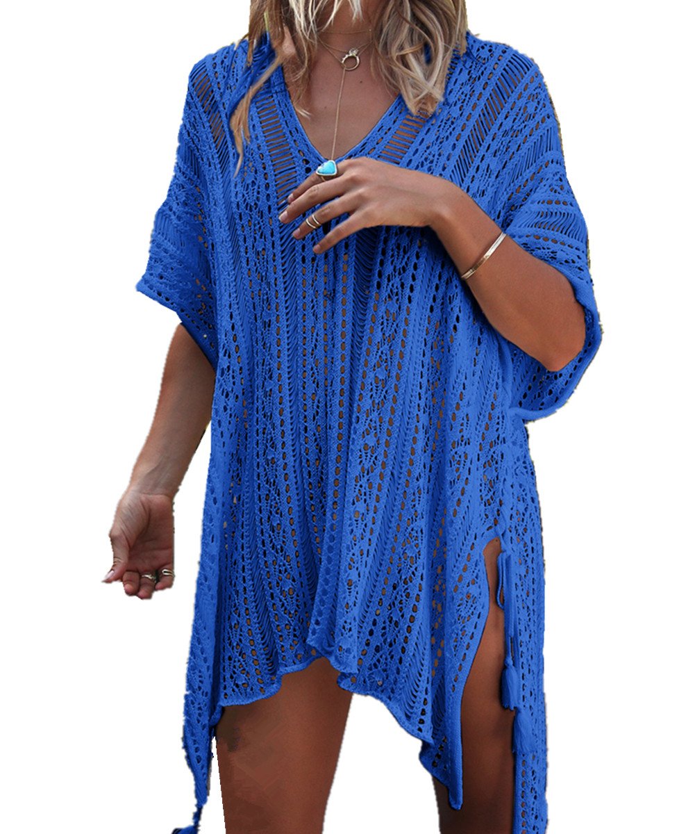 YouKD Women's Hollow Knit Tunic See-Through Crochet Tops Beach Cover Poncho Summer Beach Cover Up Dress