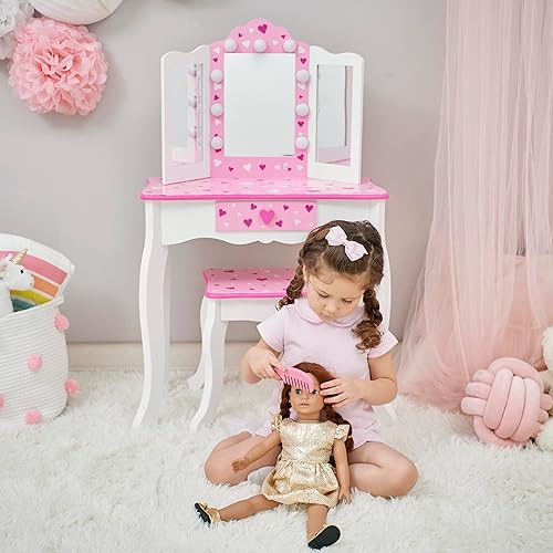Miniatura 3 de Teamson Kids Juego de tocador para niñas con luces LED, espejo de tres pliegues, taburete y cajón, mesa de maquillaje para niños pequeños, diseño de