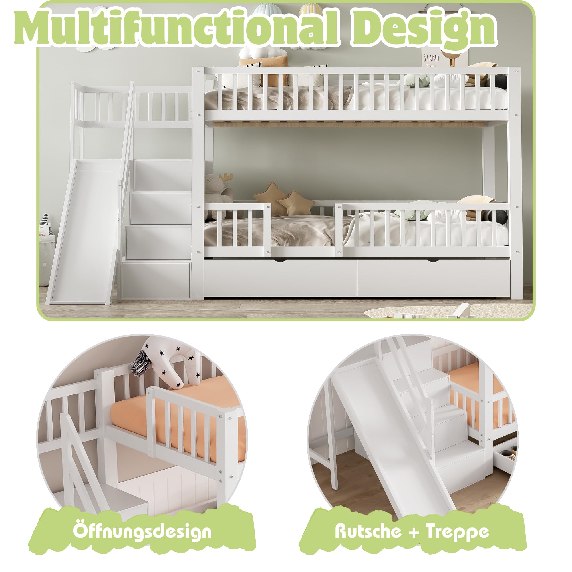 Etagenbett Kinderbett 90x200 für 2 Kinder, Hochbett mit Treppe&Rutsche&2 Schubladen, Funktionsbett Holzbett Stockbett Spielbett Jugendbett Bettgestell mit Rausfallschutz&Lattenrost,Ohne Matratze,Weiß