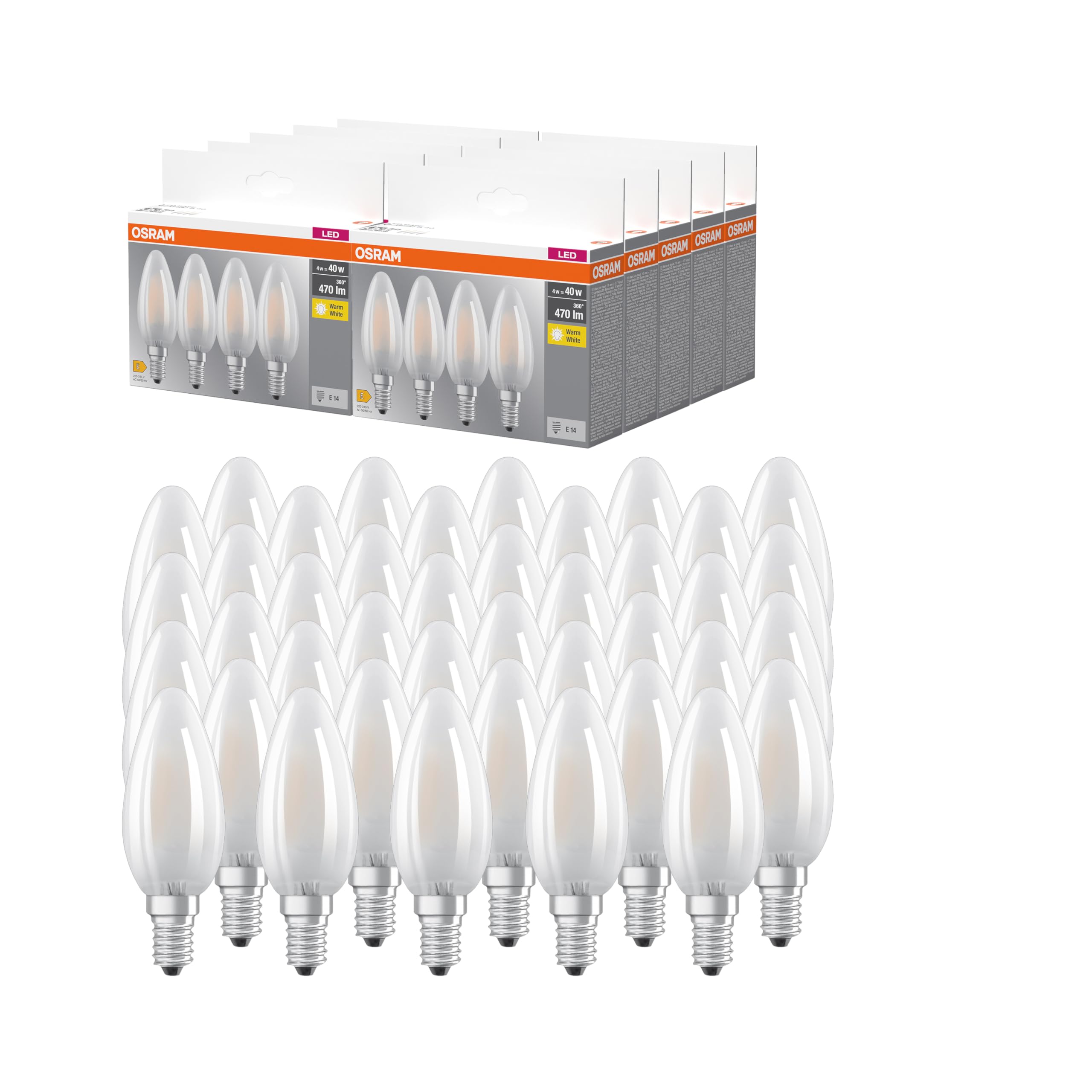 OSRAM LED BASE B40, confezione vantaggiosa con 40 lampadine, sostituisce le tradizionali lampadine da 40W, 4W, bianco caldo (2700K), vetro opaco, non dimmerabile, forma a candela, E14