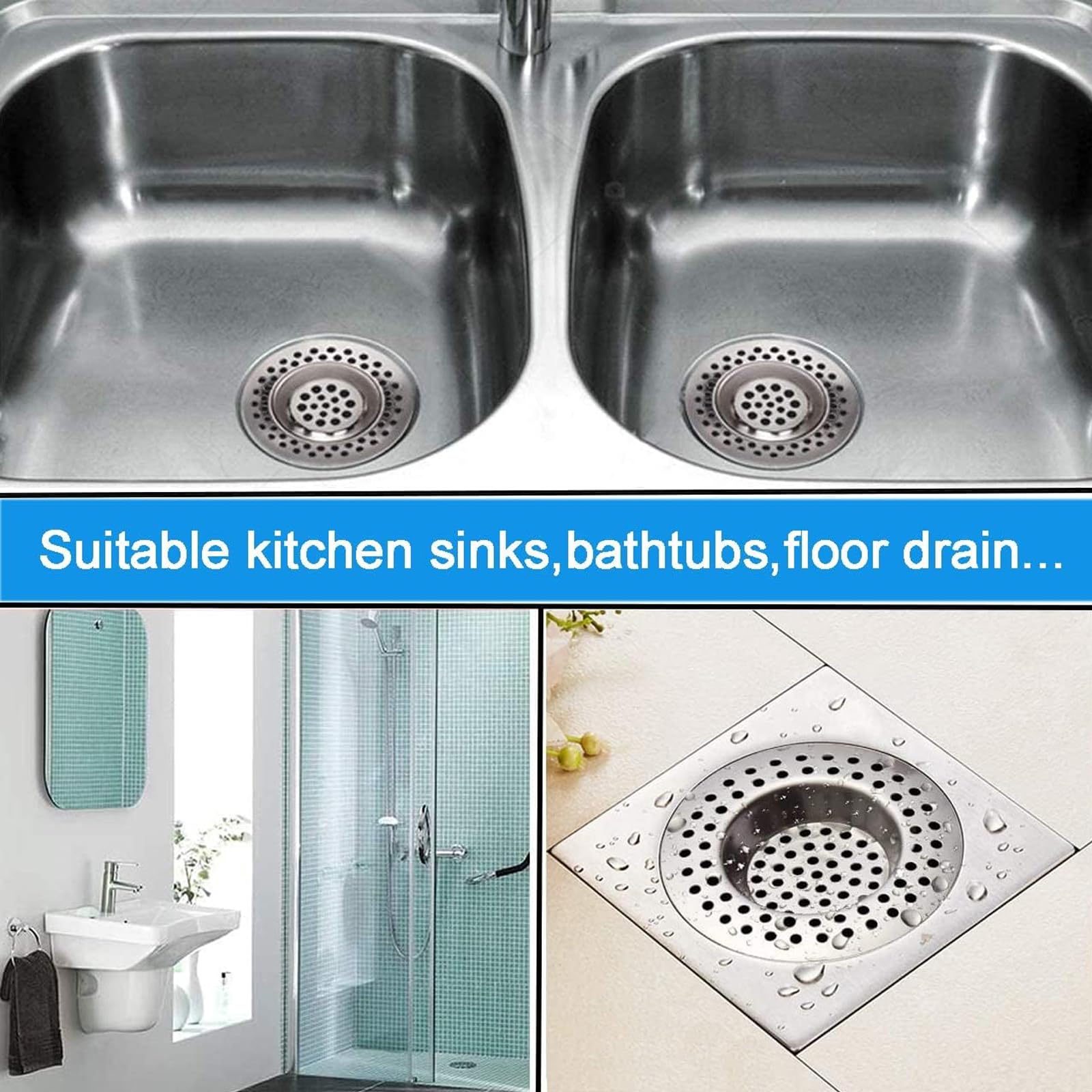 Lot de 2 filtres d'évier de cuisine en acier inoxydable – Protection standard pour les cheveux et les aliments pour salle de bain, cuisine et douche, 2.95in / 7,5 cm de diamètre