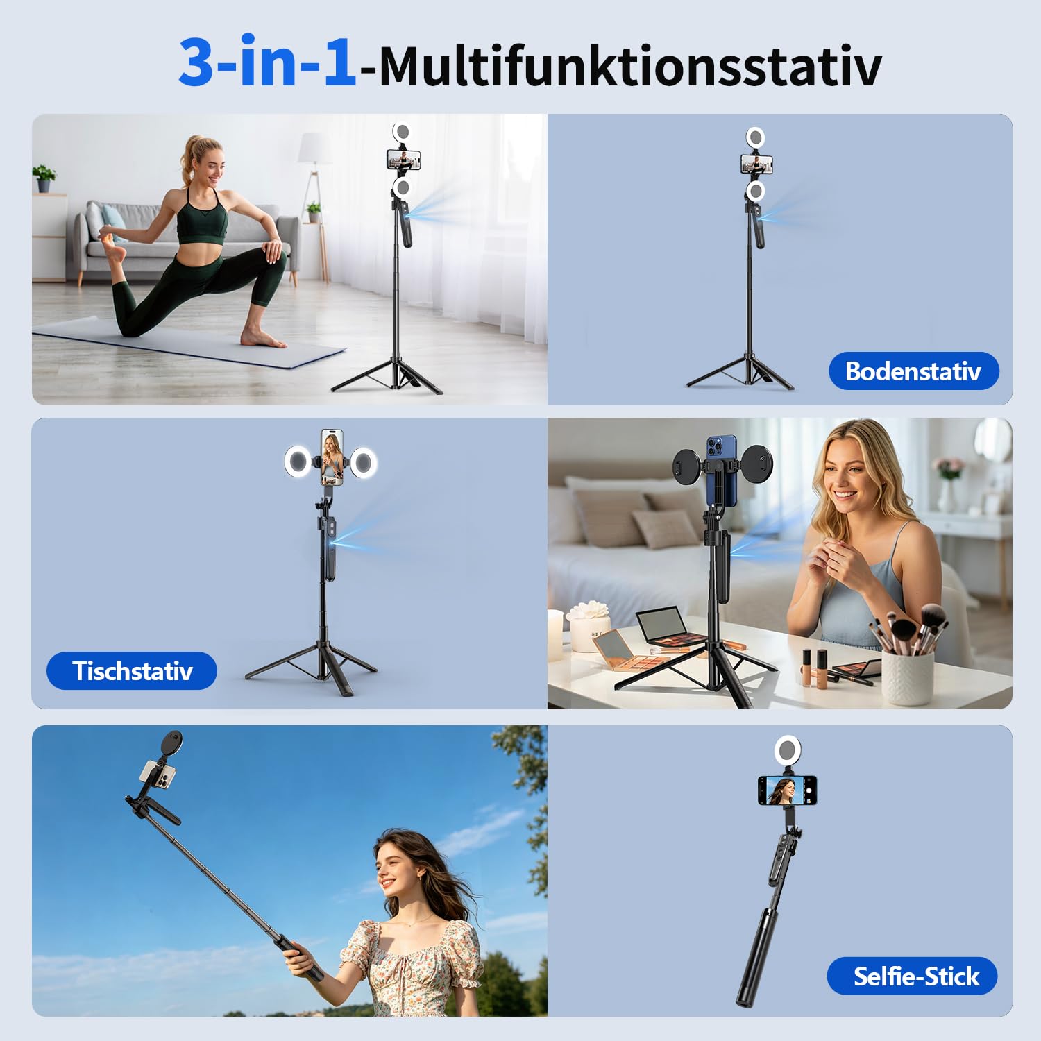 yAyusi 360° Drehung Auto Face Tracking Stativ mit Licht, Keine App, 180cm Telefonstativständer mit Bewegungssensor, Gesichtskörper Handy Selfie Stick für Vlog/Live-Stream/Videoaufzeichnung