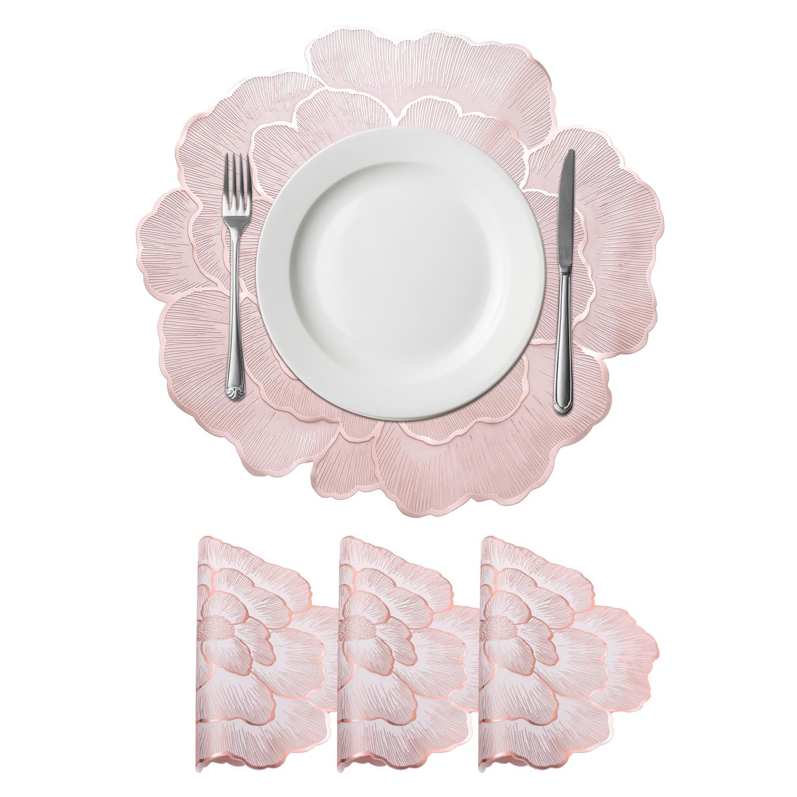 sourcing map White Pink Floral Rose Round Placemats Set of 4 for Dinner Tables, Metallic Polyvinyl Pressed Placemats Washable Table Mats for Dinner Table Decor (15" x 15"/38 x 38cm)
