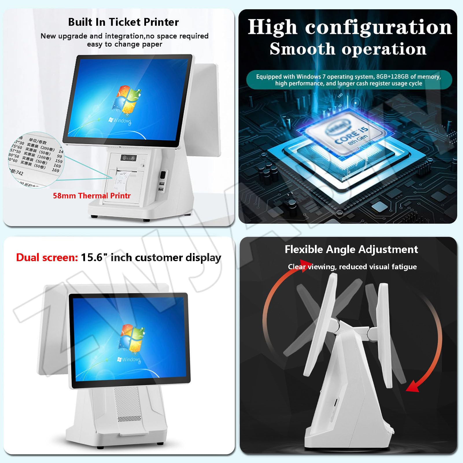 Monitor registratore di cassa POS All-in-One, doppio touch screen da 15,6 pollici, CPU I5, 8 GB di RAM, SSD da 128 GB, Windows, stampante termica integrata da 58 mm,per piccole imprese, ristoranti