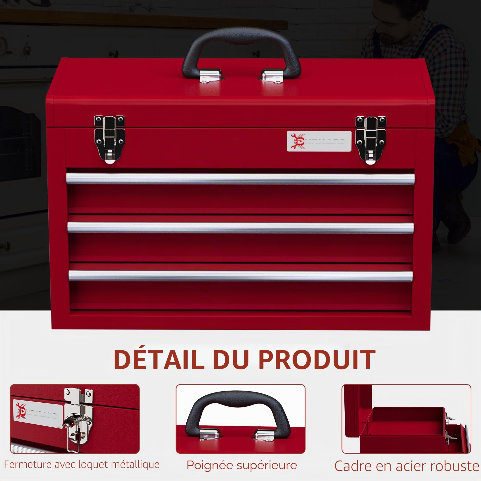 DURHAND Coffre à outils vide avec 3 tiroirs rouge