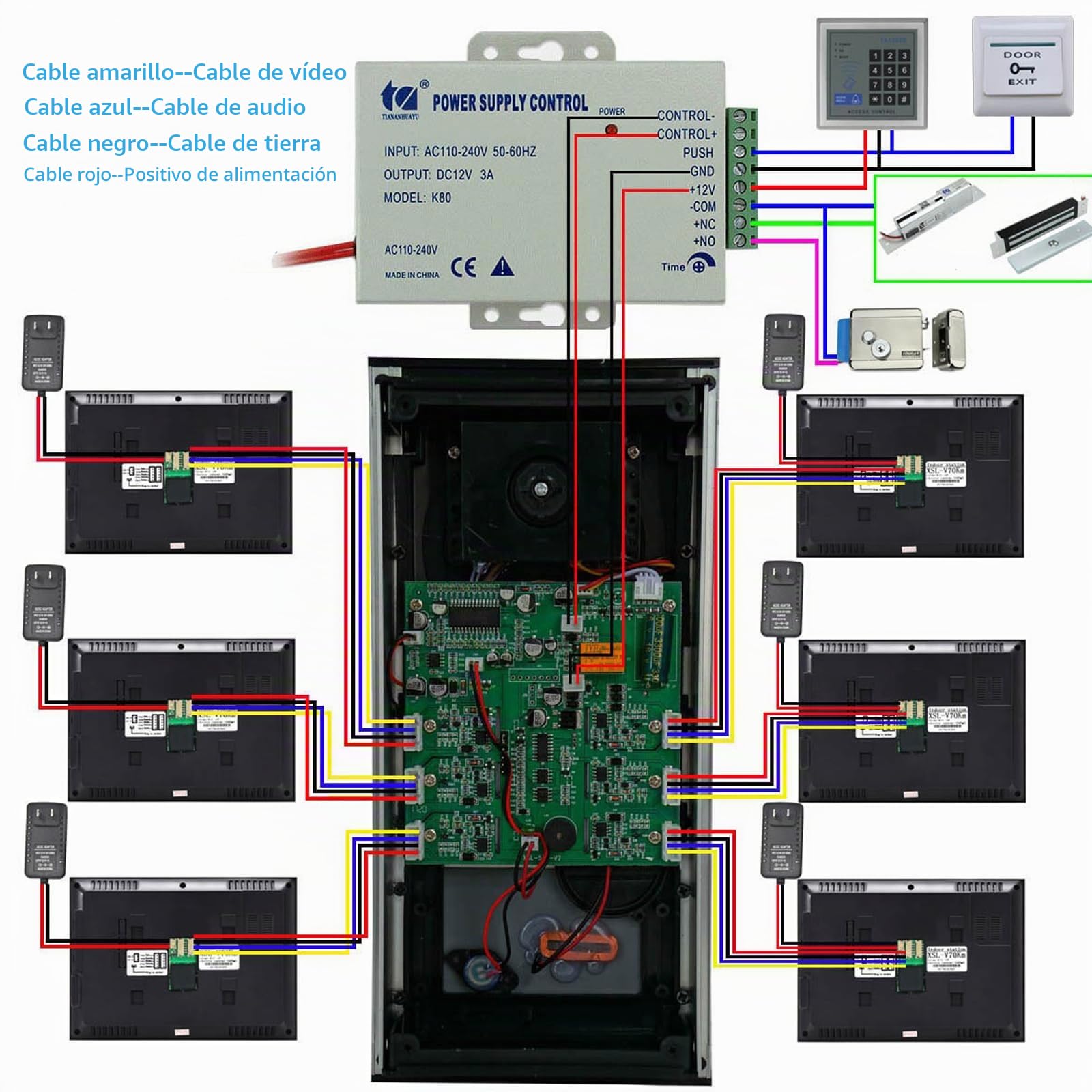 Sistema de intercomunicación de vídeo con cable para apartamentos, 6 unidades de sistema de intercomunicación de vídeo con monitor de 7 pulgadas, timbre de vídeo para interior y exterior, desbloqueo