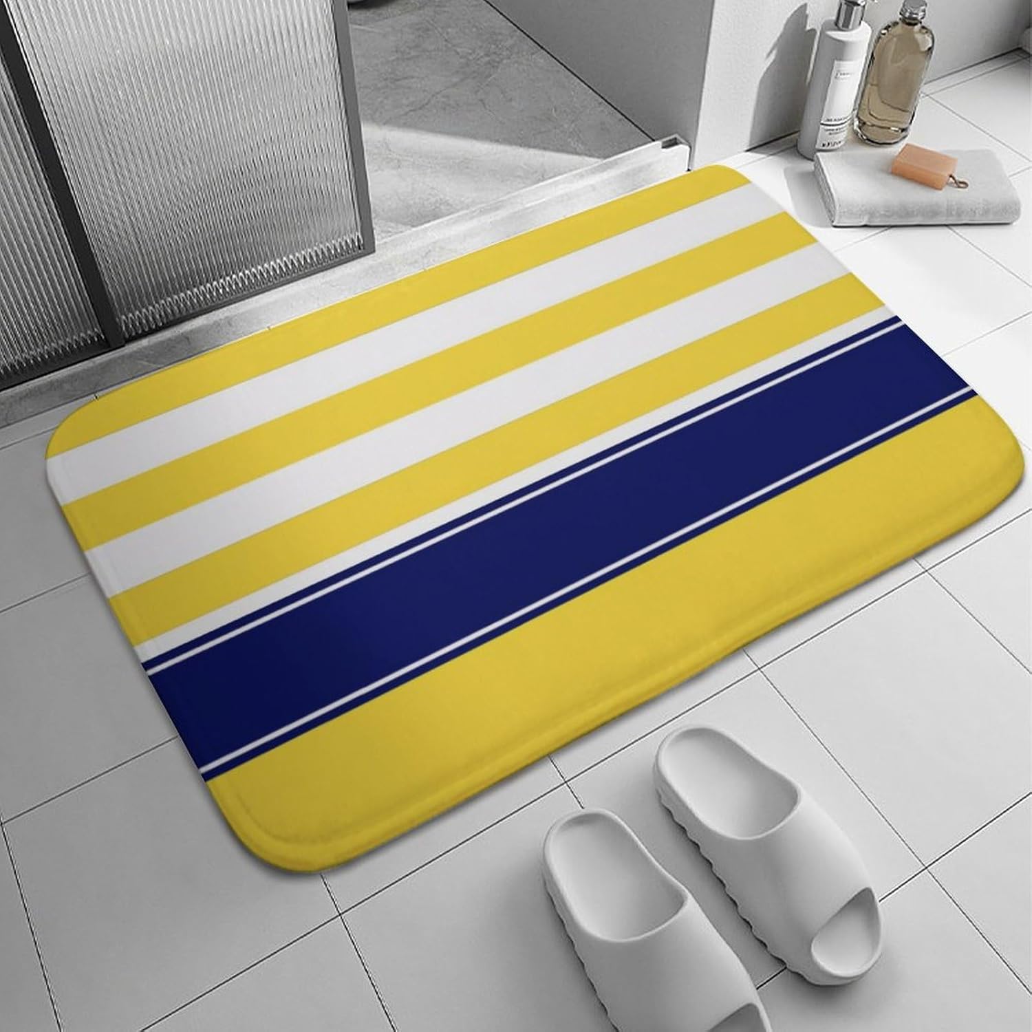 Luxury Bathroom Rug, Yellow Navy Blue Stripe Bath Mat Non Slip & Absorbent Bath Rug Carpets for Bathroom, 20 x 30inches