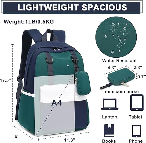Miniatura 3 de Bluboon Mochila para laptop para niñas y mujeres, mochila escolar para escuela secundaria, Azul marino-verde, Mochilas de mochila