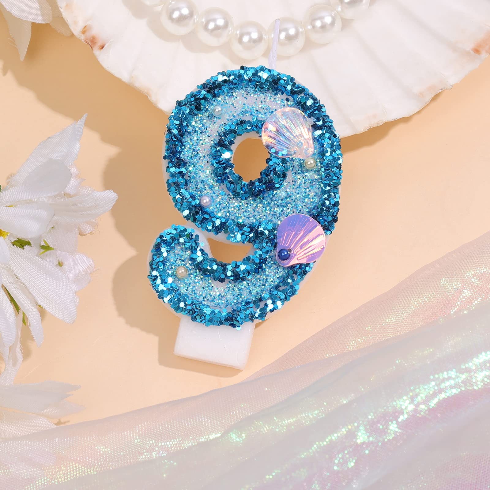 Numero di candele, candele con numeri di compleanno, colore blu, candele di compleanno, con paillettes e conchiglia, per torte di compleanno, anniversario, festa a tema sirena (numero 0
