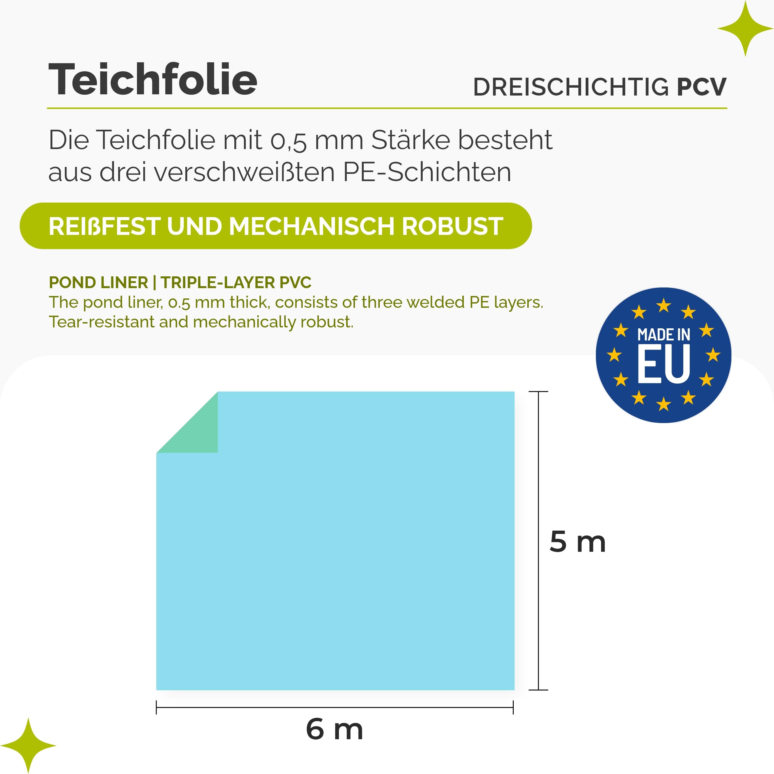 Garronda Teichfolie 6x5m (30m²) PE 0,5 mm Stärke - Gartenteich Fischteich Bachlauf UV-beständig 3-lagig wasserdichte Teich Folie für Wassergarten Brunnen Teichbecken Teichplane Blau-Grün GD-0223