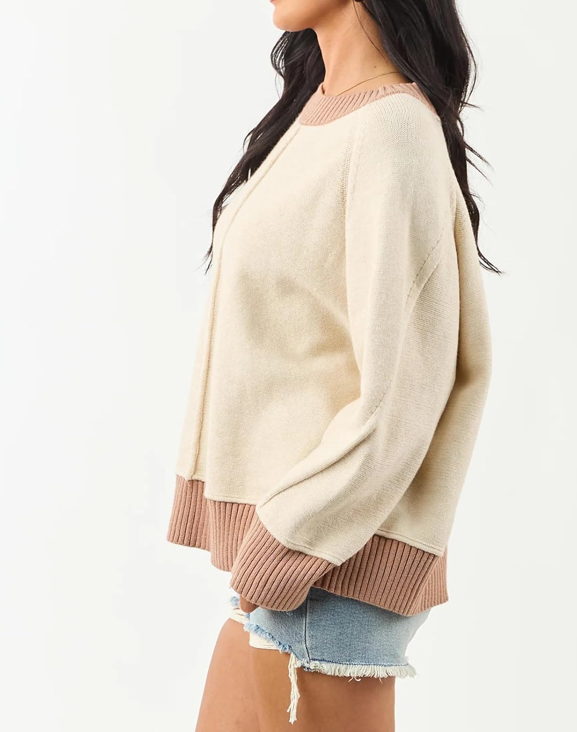 Women's Long Sleeve Sweaters Trendy Vintage Crewneck Ribbed Knit Pullover Tops - Image 3