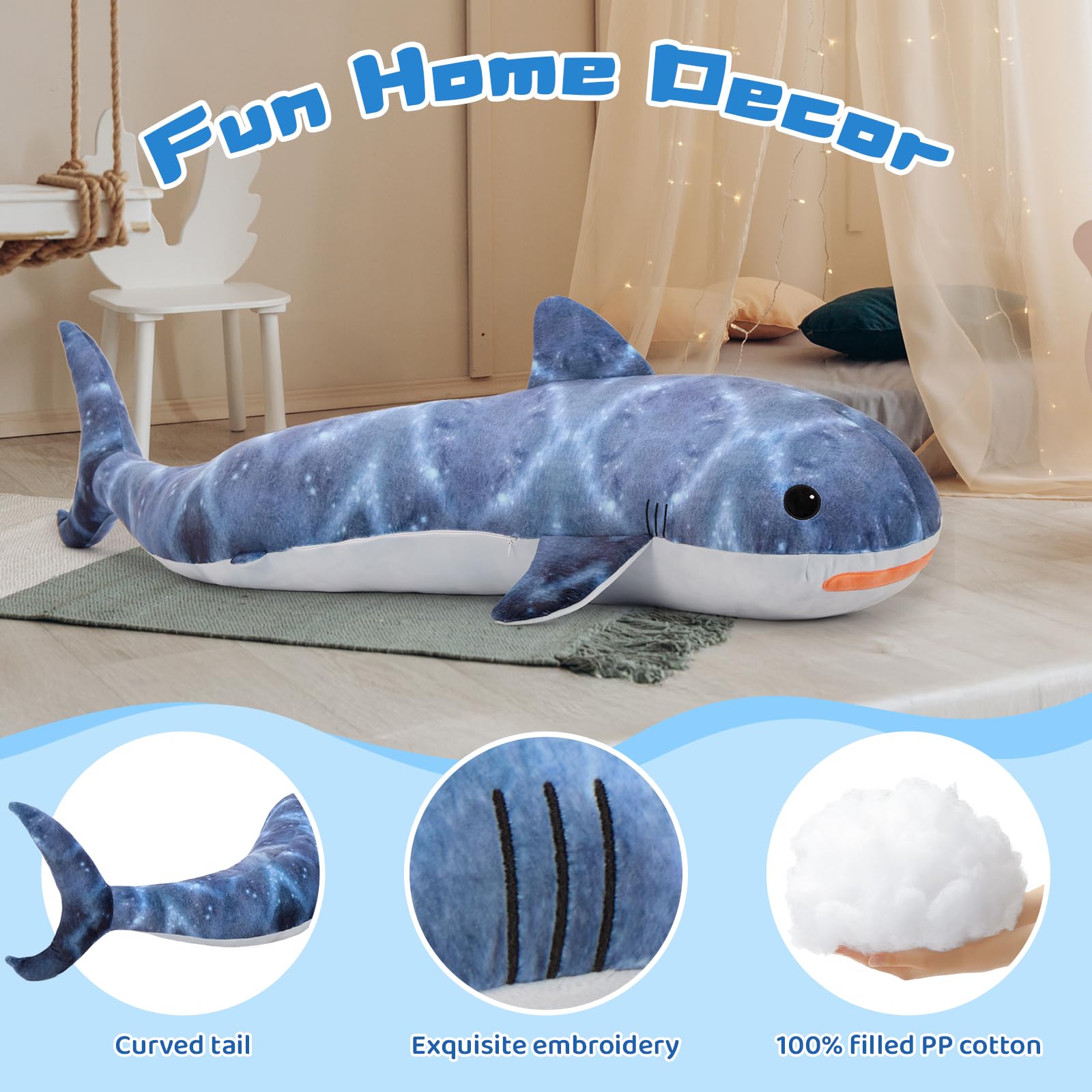 KERTA 4ft Giant Whale Shark Stuffed Animal, S-Shape Stuffed Shark Plush Toy for Boys Girls, Hugging 47inches Soft Long Ocean Whale Shark Plush Body Pillow for Sleeping 6