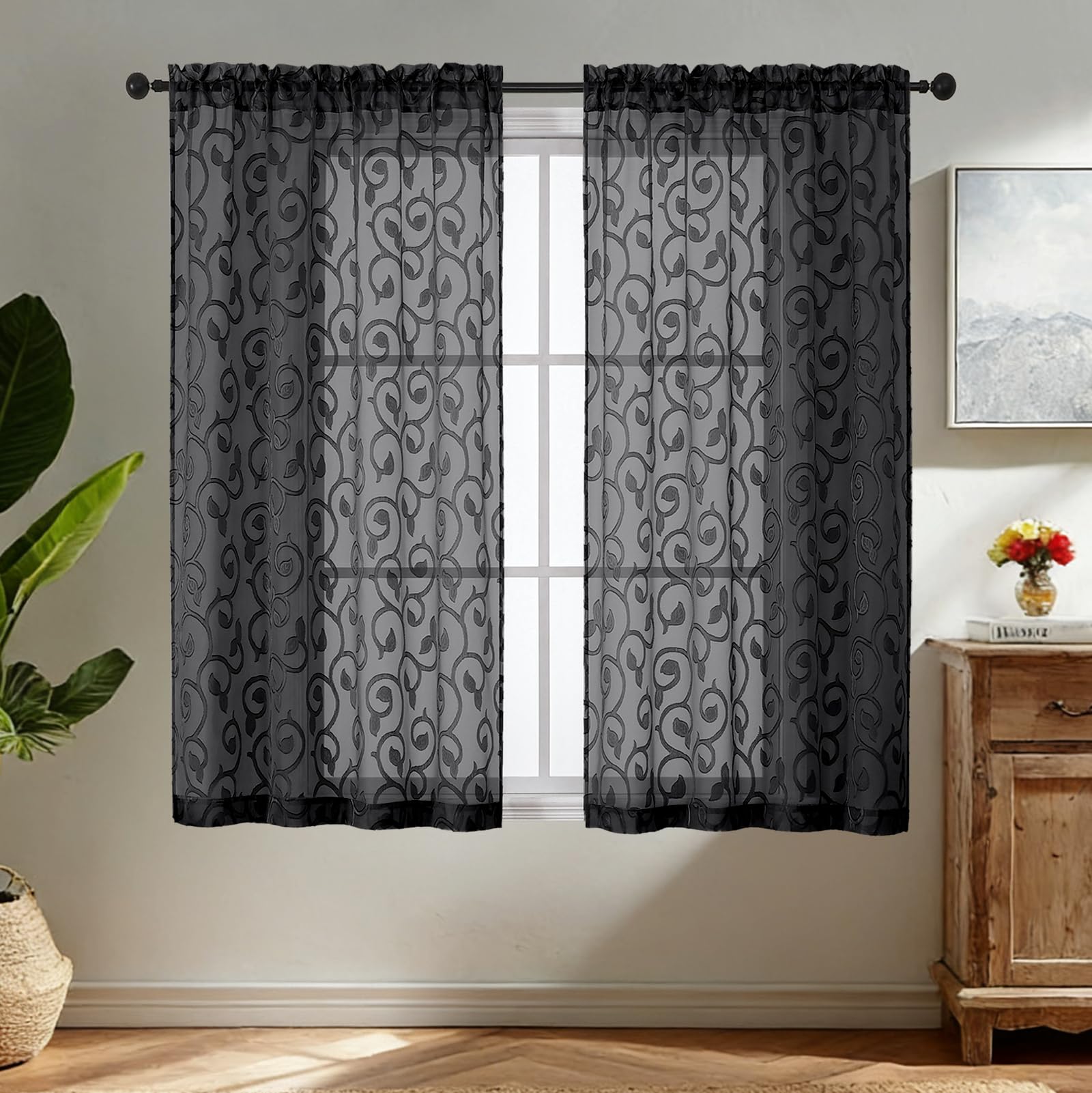 Simplebrand Black Sheer Voile Curtains with Embroidered Pattern, 2 Panels 140x137cm, Dual Rod Pocket Light Filtering Bathroom Window Curtains