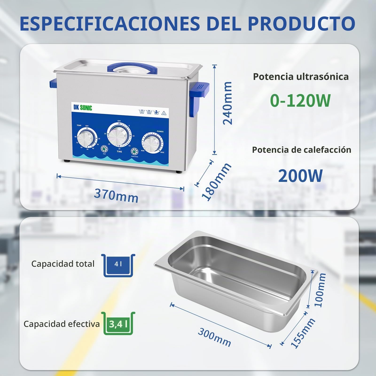 DK SONIC Limpiador Ultrasónico 4L 120W, Limpiador Ultrasónico de Joyas con Función de Potencia Ajustable, Temporizador y Calentador para Limpiar Monedas, Gafas, Collares y Relojes (Incluye Cesta).