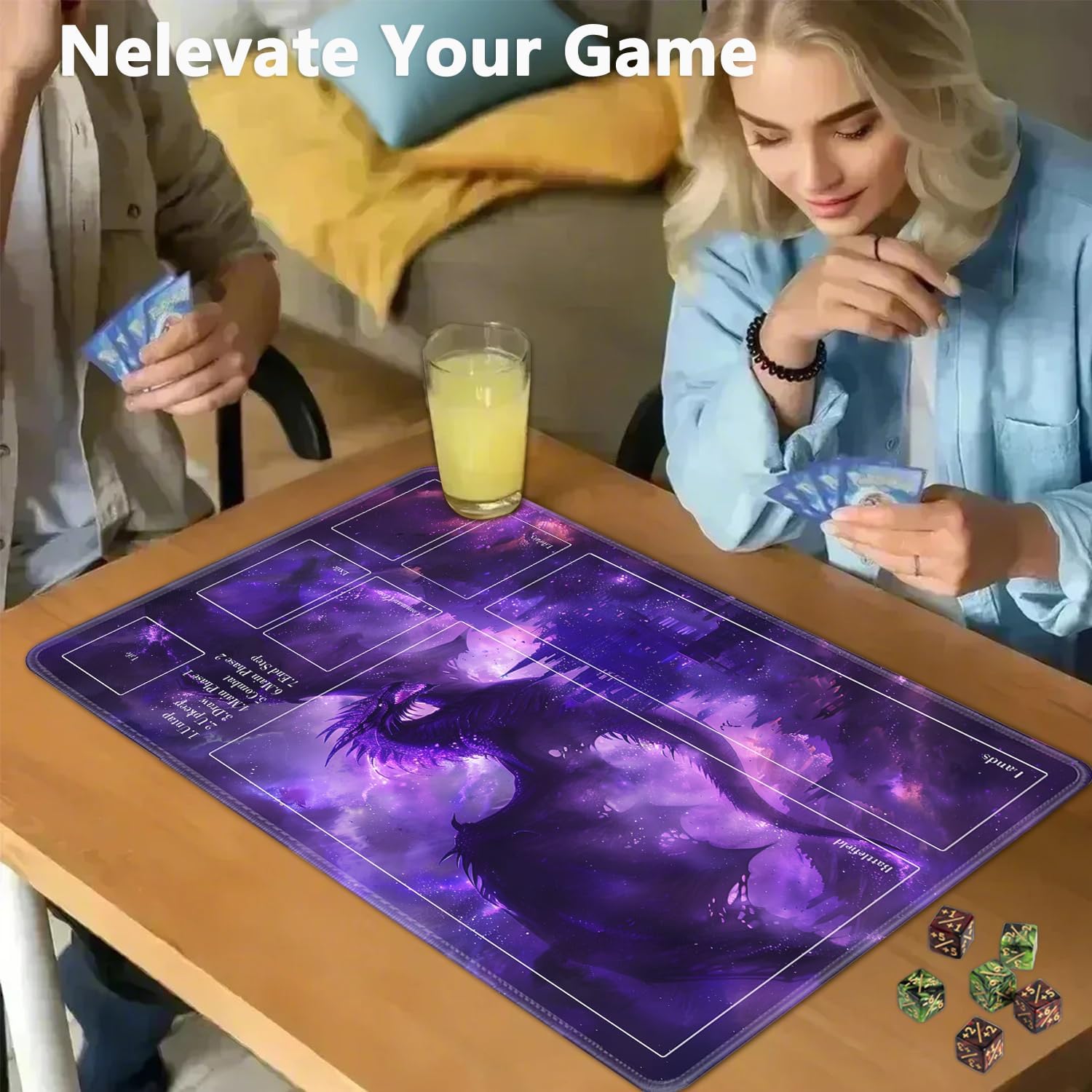 JVGFYNKL for TCG Playmat with Zones, 24x14 in Non-Slip Rubber for MTG Playmat with Drawstring Travel Pouch and 6 Dice, for MTG Mat, Evil Purple Dragon Pattern Card Game Playmats