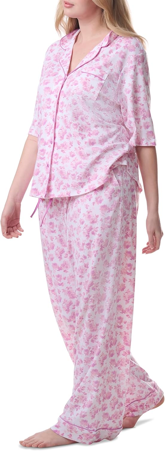 Karen Neuburger womens Plus Size Girlfriend Notch Collar Elbow Length Sleeve Top and Pant Bottom Pajama Set - Image 2