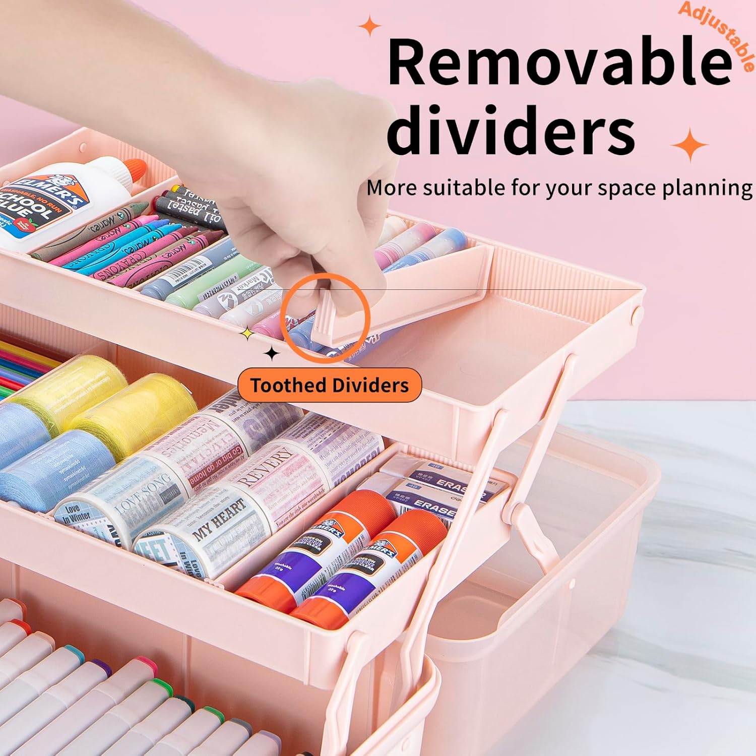 12.5in 3-Layer Multipurpose Craft Organizers and Storage with Adjustable Dividers, Portable Tackle Box, Folding Art & Craft Case for Medicine, Tool, Sewing Organizer (Pink) - Image 3