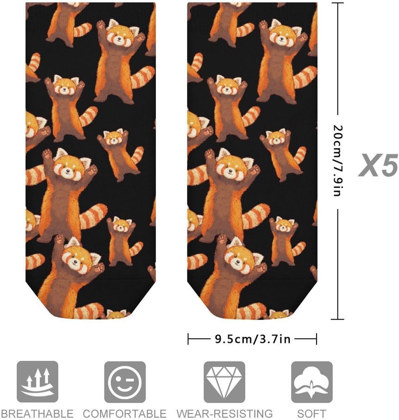 Cute Red Panda Cartoon No Show Ankle Socks Low Cut Non Slip Flat Boat Line 5 Pairs Set