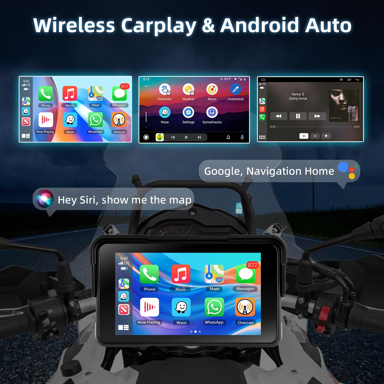 CarPlay Schermo Carplay per Moto con Wireless Android Auto, 5 Pollici Impermeabile Touchscreen, Doppio Bluetooth, Navigazione GPS, Siri/G00gle Assistente, Plug-and-Play