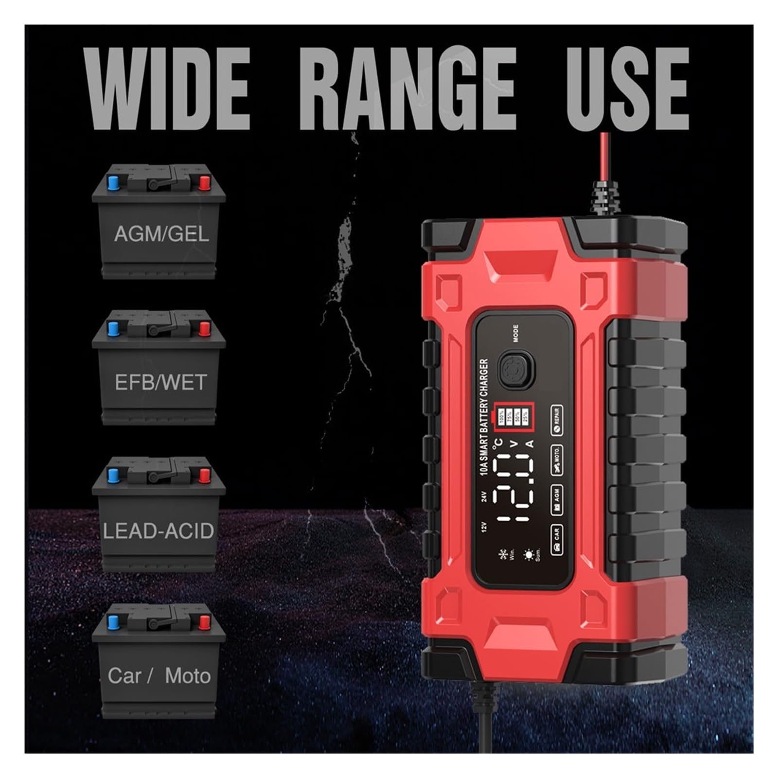 W Pełni Automatyczna Ładowarka Samochodowa 12V 10A / 24V 5A Kwasowo-ołowiowy/żelowy Wyświetlacz LCD Inteligentna Szybka Ładowarka Samochodowa Narzędzie Samochodowe Szybkie I Wydajne łAdowanie(Red)