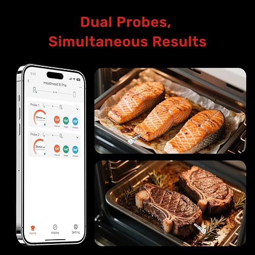 Miniatura 5 de X Pro - Termómetro inalámbrico para carne con doble Wi-Fi y Bluetooth, termómetro digital para carne con 2 sondas y base de pantalla LED, 6 sensores