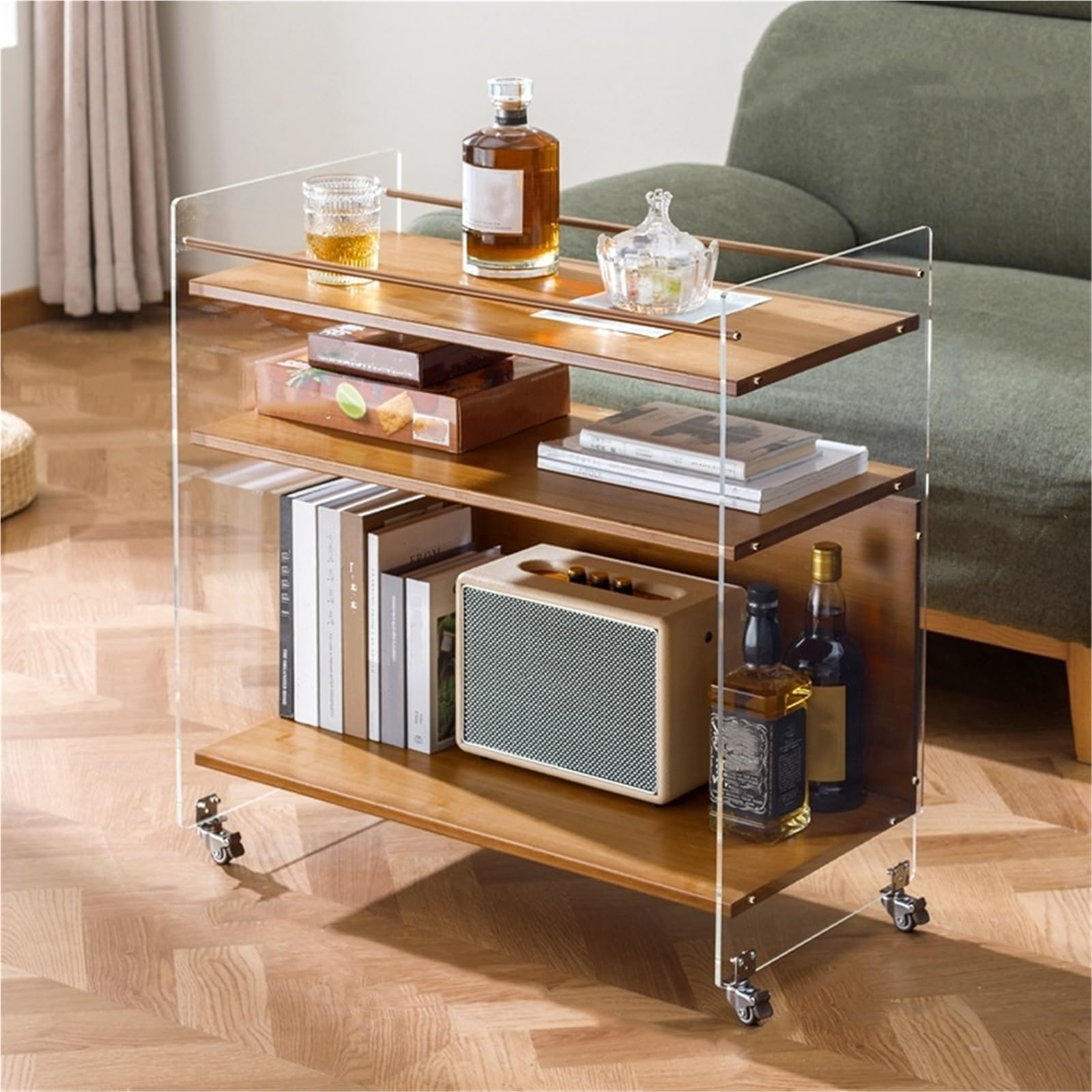 SXZenSpace 3 Tiers Side Table with Wheels Acrylic End Storage Shelf Small Coffee Nightstand Rack for Living Room Office,Ideal