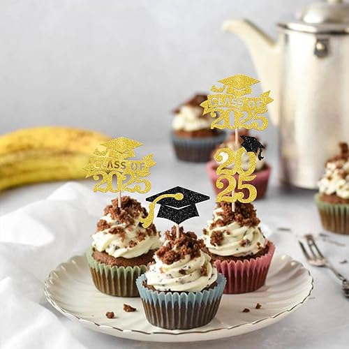 Miniatura 220 de Paquete de 24 adornos dorados para cupcakes de graduación 2025 con purpurina So Proud of You Done Diploma Graduation Cap Cupcake Picks Class of 2025