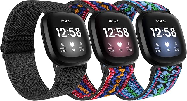 SHIJZWD 3 Packs Elastic Watch Strap Compatible with Fitbit Versa 3/Fitbit Sense, Soft Breathable Nylon Sports Band Stretchy Adjustable Replacement Wristband for Women Men (Black+Bohemian Red+Bo Blue)
