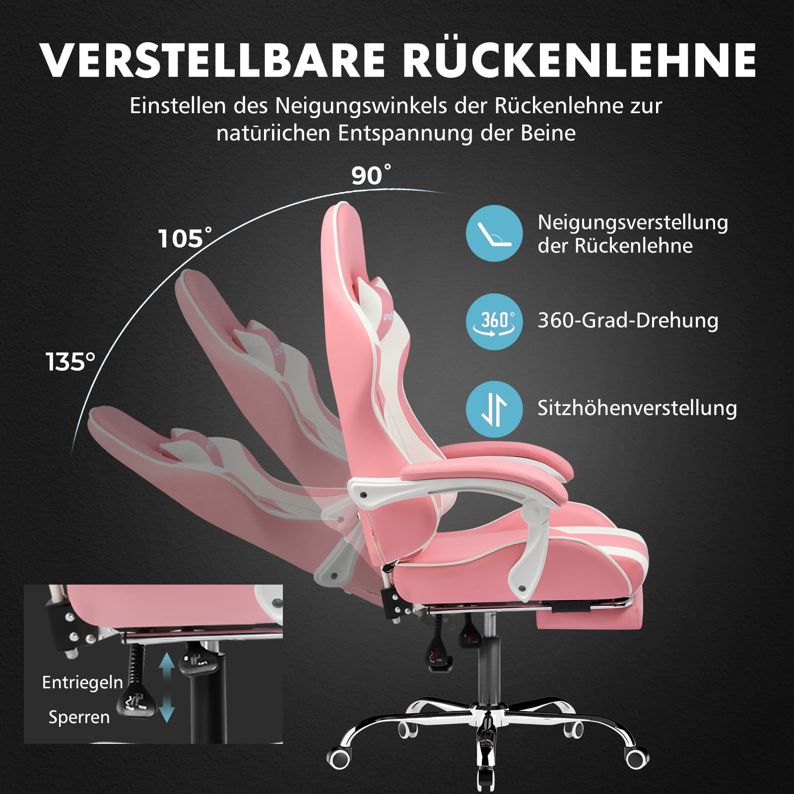 GTPLAYER Gaming Stuhl, Bürostuhl, Ergonomischer Pc Stuhl, Gaming Sessel mit Massagelendenwirbelstütze, Task Stühle mit Fußstütze und Kopfstütze, Rosa Kunstleder