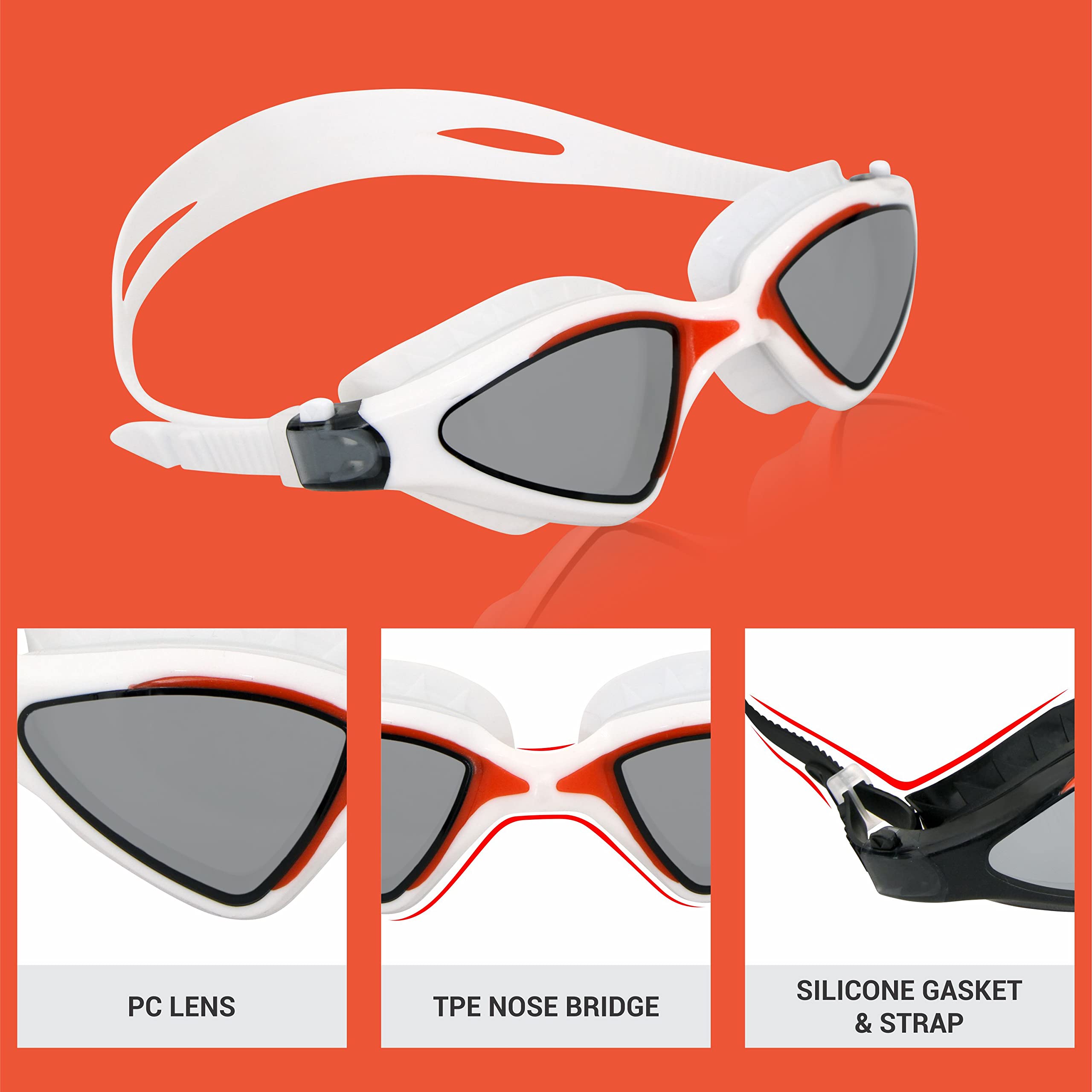 Nivia Unicore Swimming Goggles for Men & Women (White & Red, One Size) | Material - Polycarbonate | Swim Goggles |Swim Goggles Mask | Anti Fog | UV Protection 1