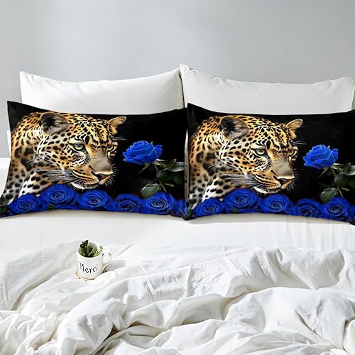 Miniatura 5 de Erosebridal Juego de ropa de cama de guepardo, tamaño King, con estampado de leopardo y rosas azules, funda de edredón con temática de animales