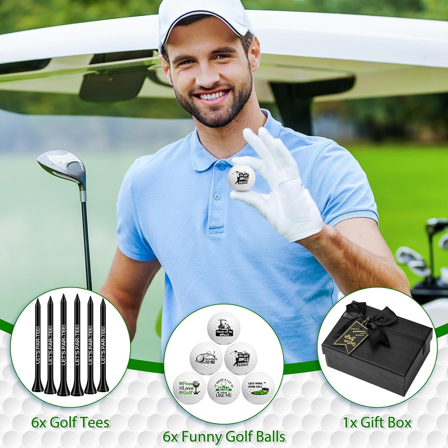 Realspring Golf Gifts for Men Funny Golf Balls for Dad Mom Coworker Employee, Includes 6 Balls, 6 Tees, and 1 Gift Box