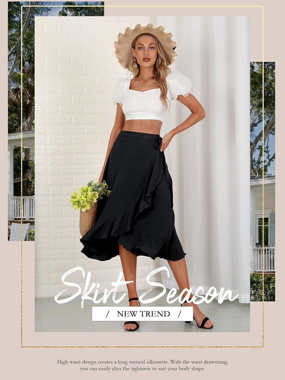 Women's Elegant Ruffle Wrap Asymmetrical Tie High Waist Long Skirt A-line Casual Loose Draped Flowy Skirts - Image 3