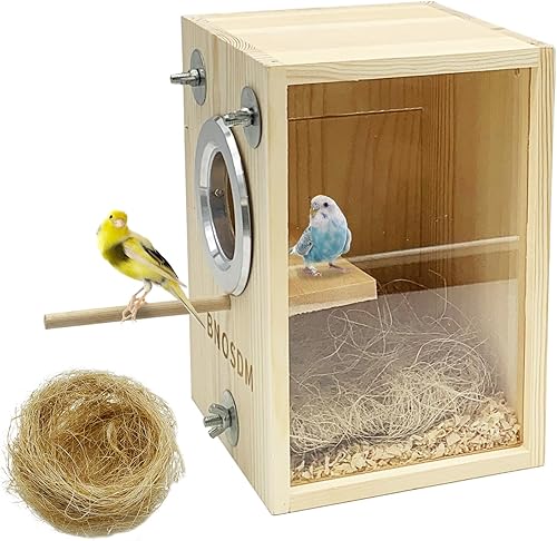 BNOSDM Caja nido de periquitos transparente para cría de pájaros, caja nido de madera natural para pájaros con fibra de coco para tortolitos conure