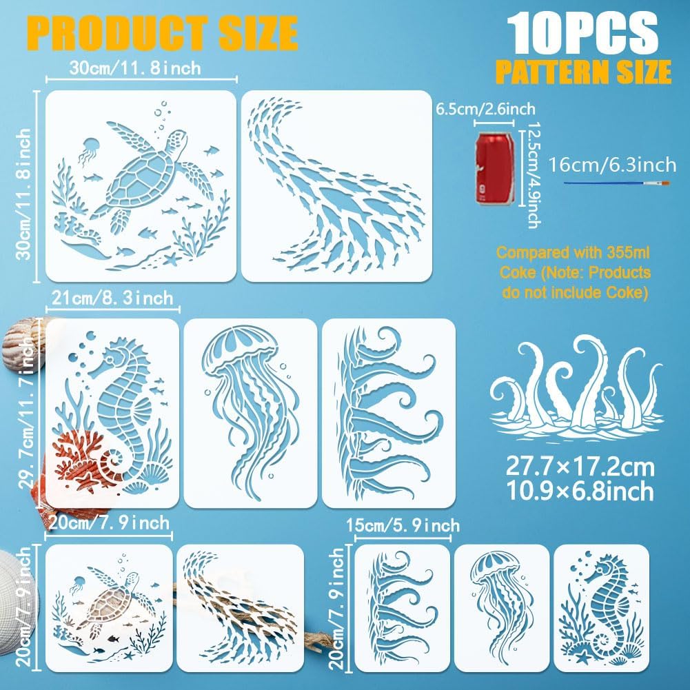 FINGERINSPIRE 10PCS Marine Organisms Stencils with Paint Brush 10 Styles Marine Creatures Patterns Tempplate Ocean Animals Tempplate for Painting on Wood Wall Fabric Furniture DIY Home Decoration