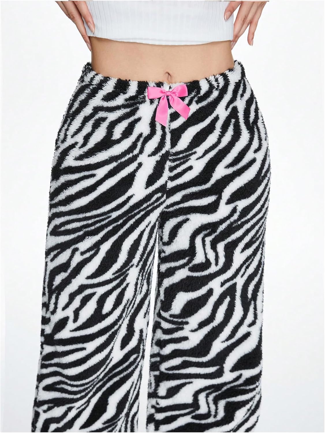 SHENHE Women's Zebra Print Fuzzy Bow Front Palazzo Pants Baggy Loungewear Comfy Trousers - Image 4