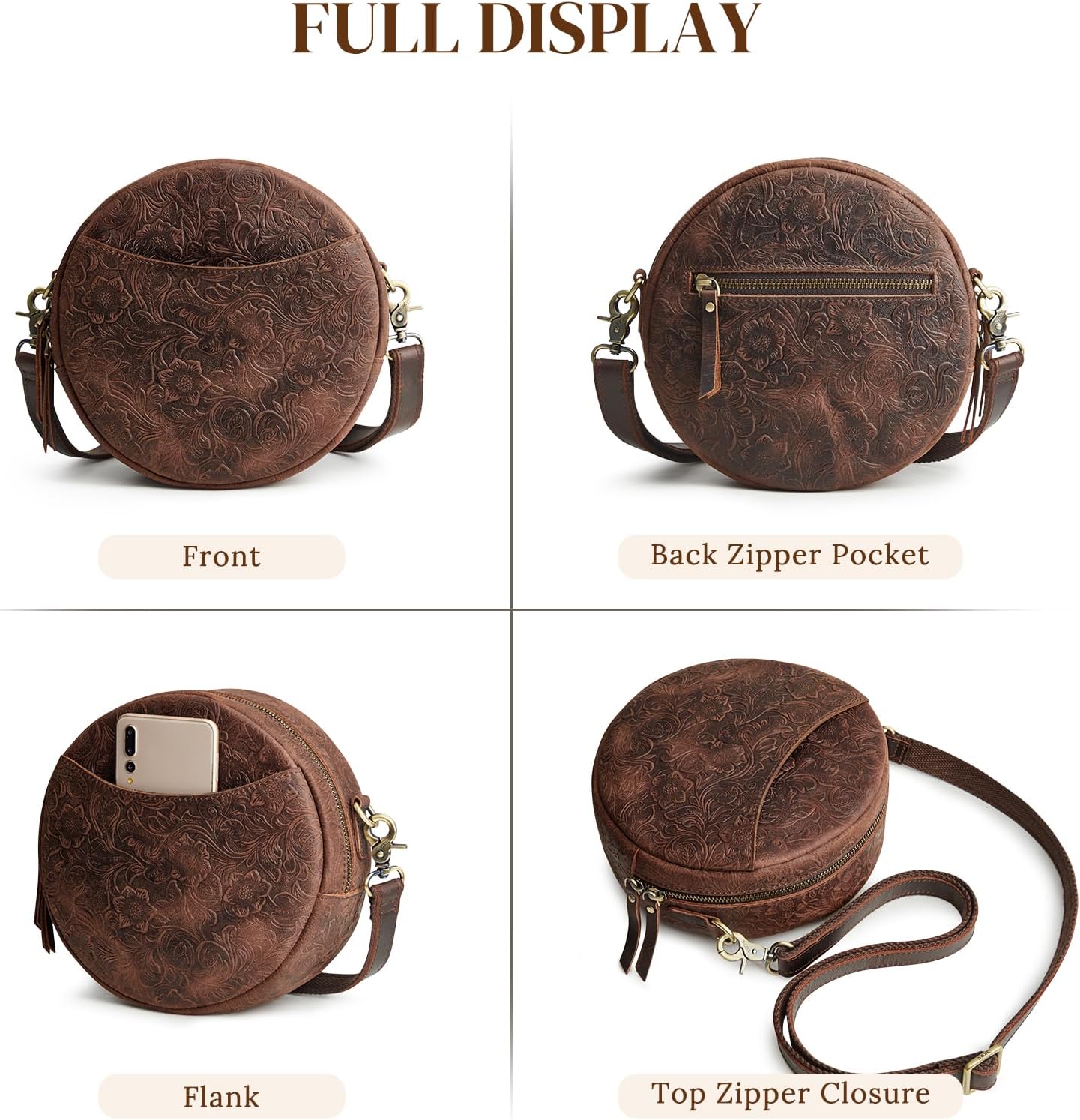 S-ZONE Leather Crossbody Bags for Women Trendy Circle Cross Body Shoulder Bag Designer Round Purses - Image 6