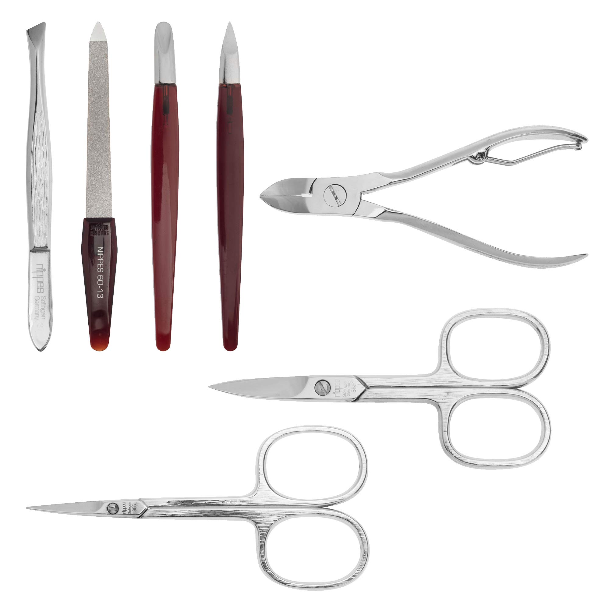 nippes Solingen Premium Line Maniküre Set Gap, 7-teilig, Rindleder-Etui mit Druckverschluss, Kontraststreifen, Nagelpflege Set, Pediküre Maniküre, Made in Germany | braun-beige Kontrastnaht, 7 vernickelte Instrumente, Hautschere, Nagelzange, Nagelhautschi