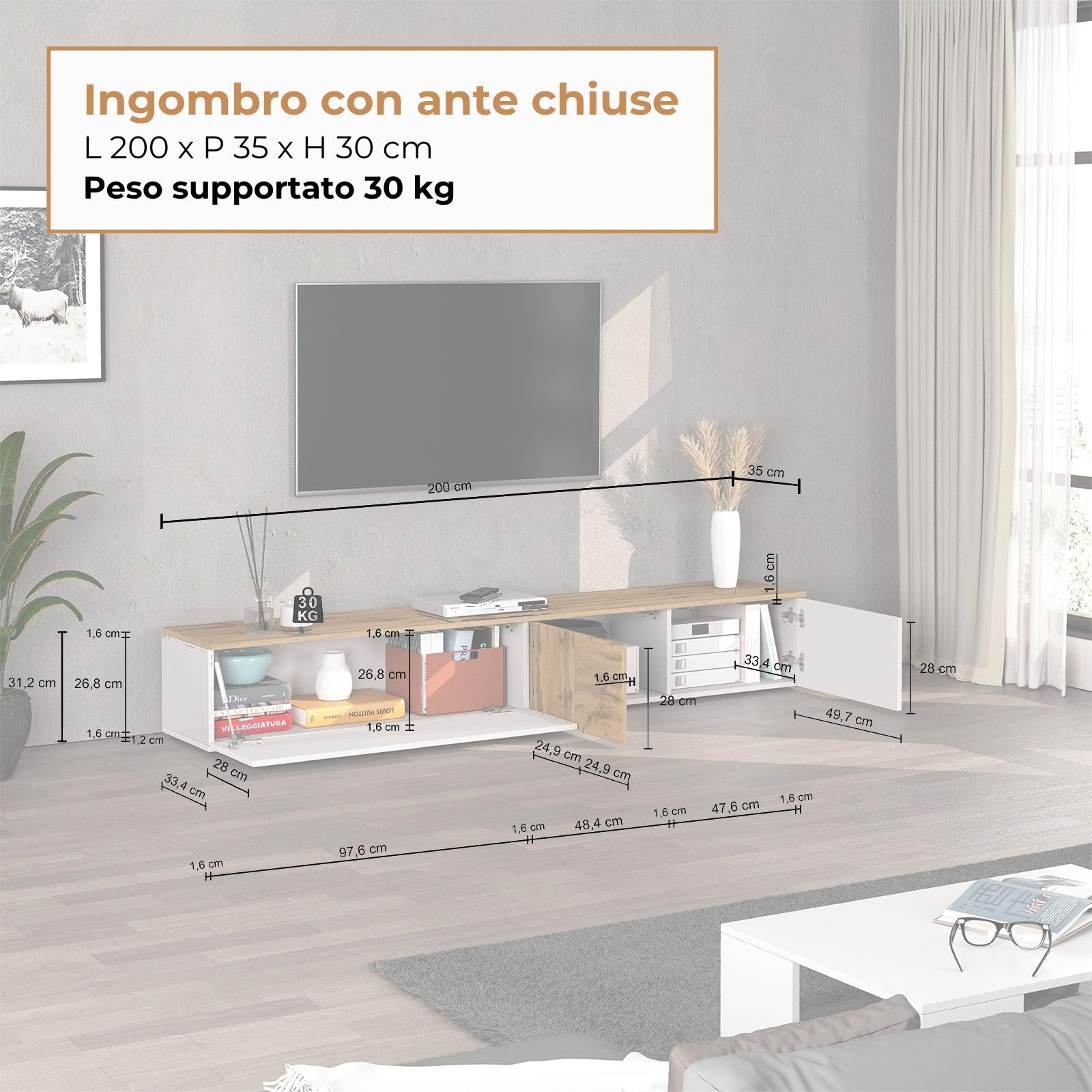 WHOUS Mobile Porta TV Sospeso ISEO per Soggiorno con 2 Ante e 1 a Ribalta, Mobile Tv a Parete per Salotto, 200x35x30 cm, Bianco Lucido e Rovere